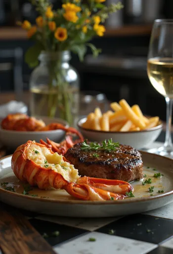 Grilled lobster and steak, luxury surf and turf dish