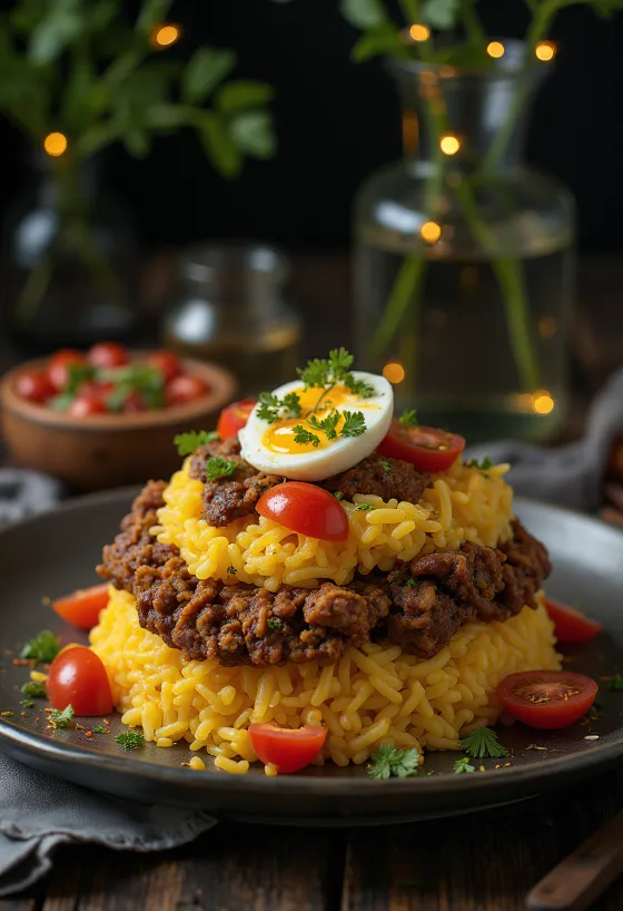 Maqluba with beef, spiced rice dish