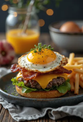 Breakfast hamburger with crispy bacon and fried egg