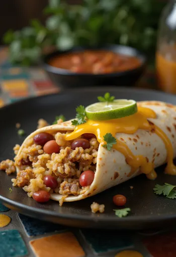 Pork burrito in tortilla with rice, beans, cheese