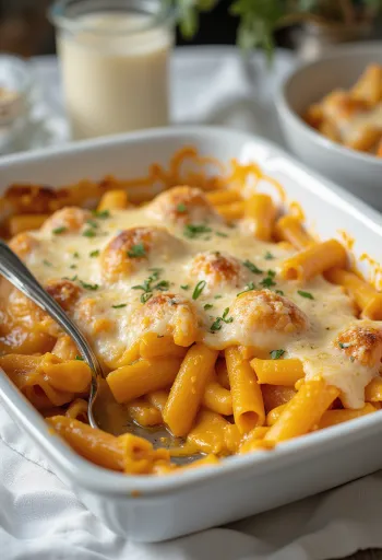 Creamy pumpkin baked pasta topped with melted vegan cheese.