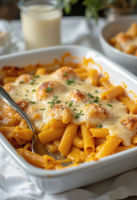 Creamy pumpkin baked pasta topped with melted vegan cheese.