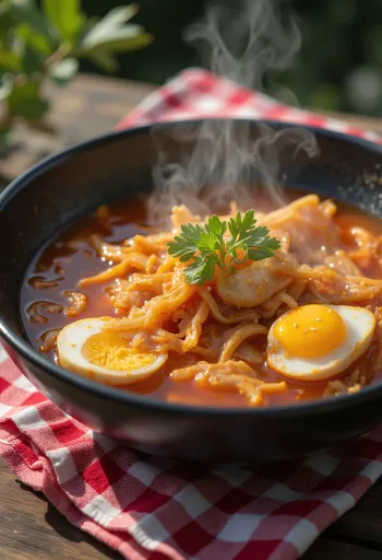 Spicy dried fish soup served with fried rice and cilantro