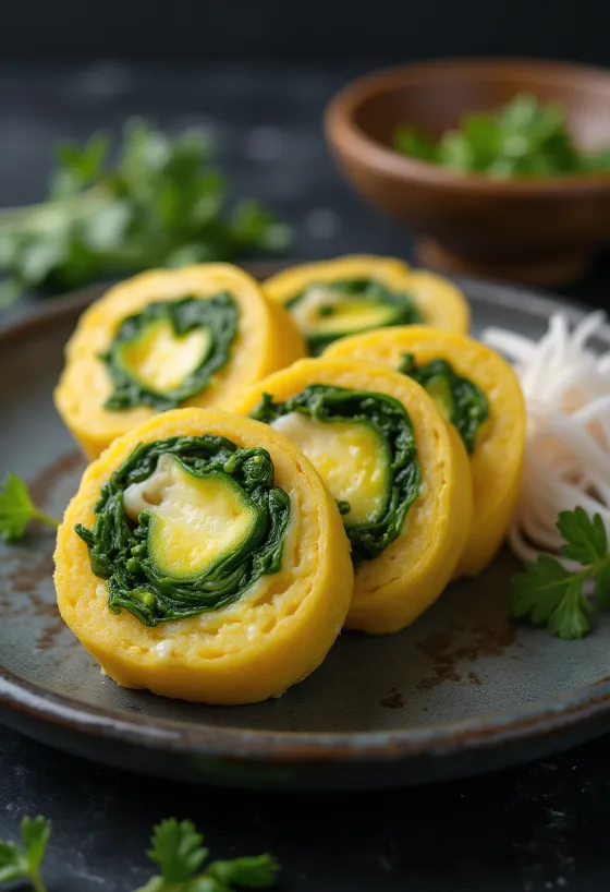 Tamagoyaki with spinach, fresh spinach omelet slices served