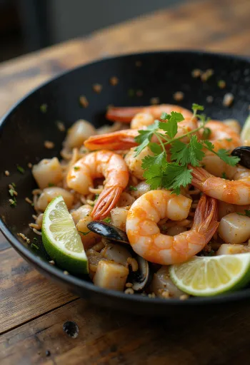 Spicy Togarashi seafood in a pan with lime