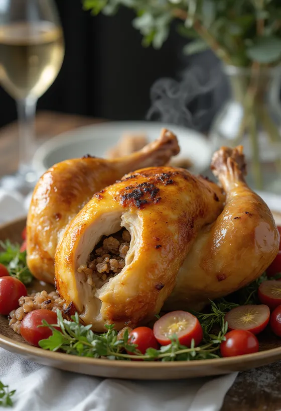 Roast chicken served with savory stuffing and crispy skin.