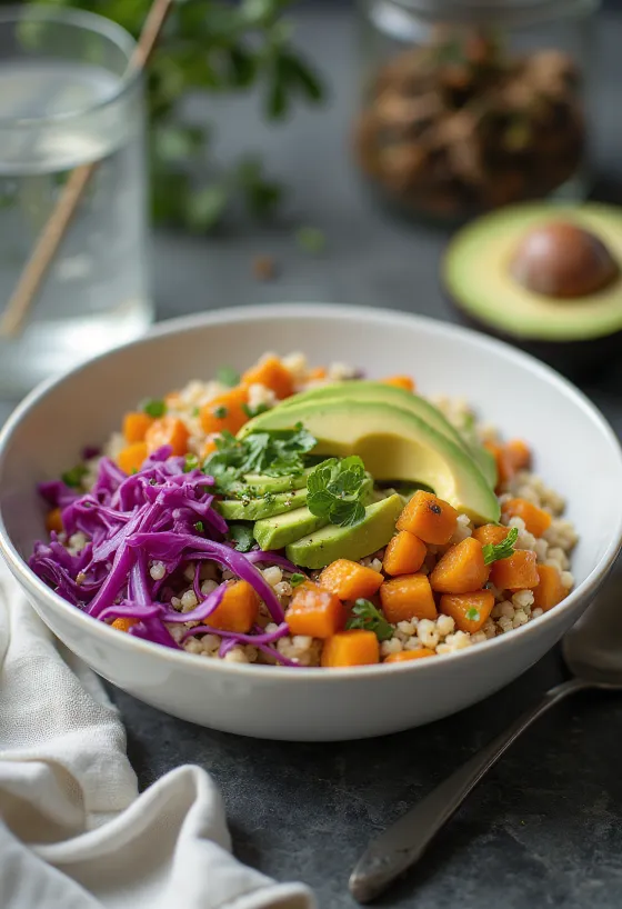 Buddha bowl with sweet potato, chickpeas, and avocado
