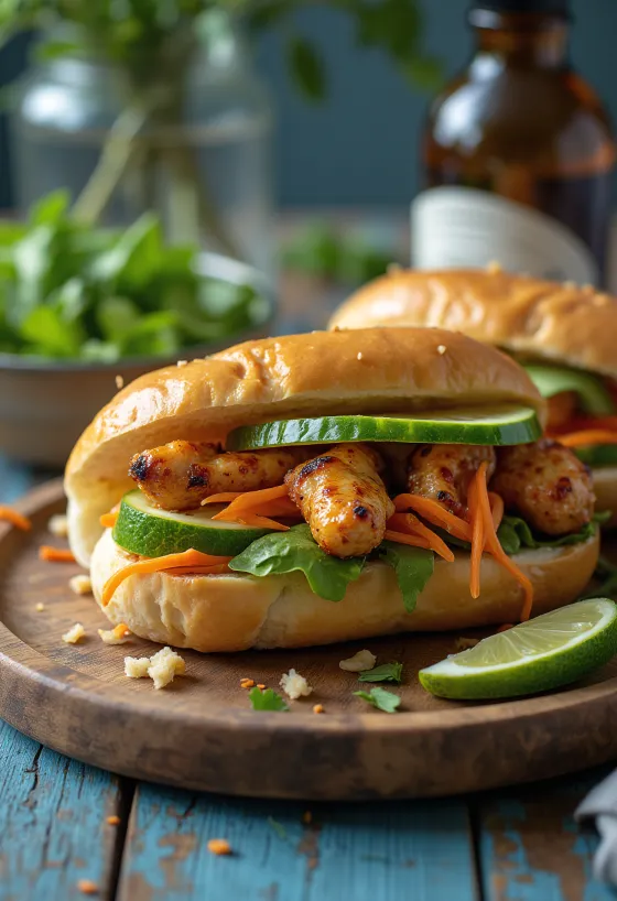 Bánh Mì Gà Nướng grilled chicken sandwich served with fresh vegetables and cilantro.