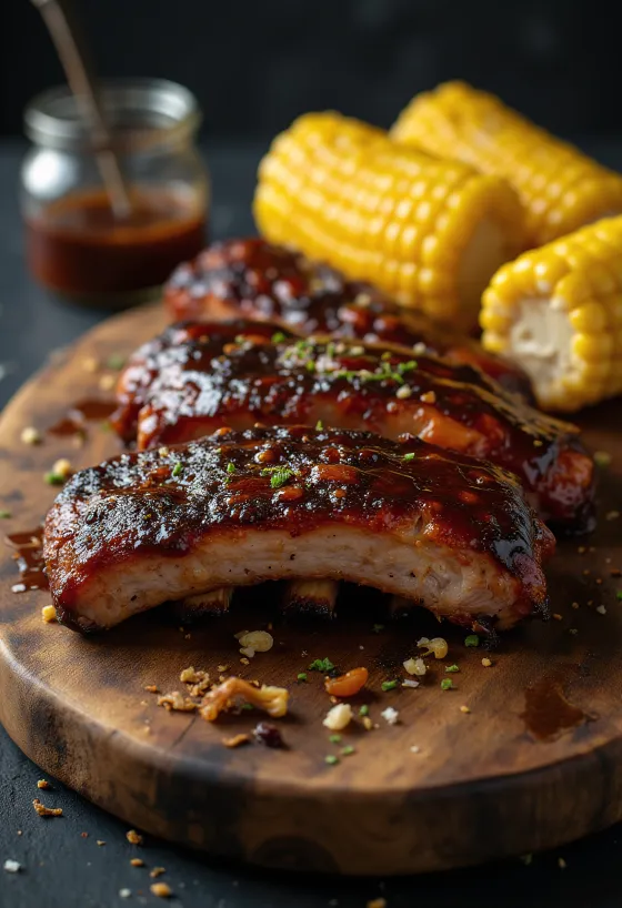 BBQ ribs served with corn on the cob