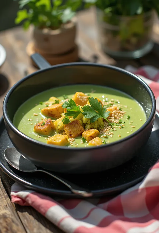 Broccoli cream soup with curry tofu