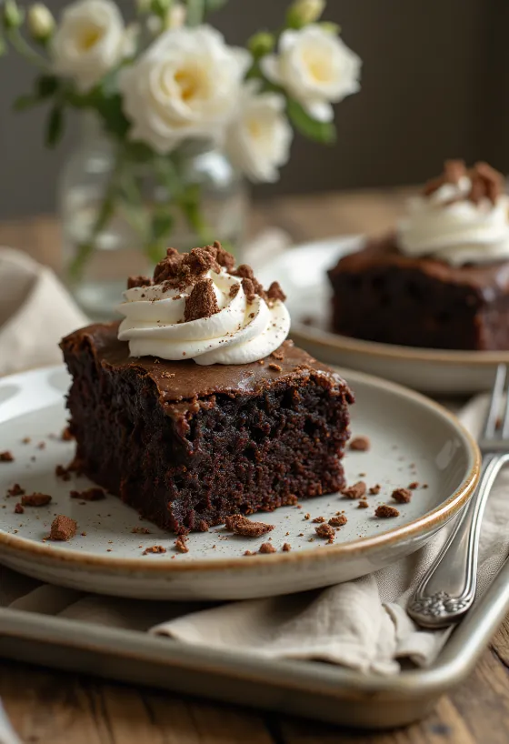 Chocolate brownie cake with whipped cream and shavings