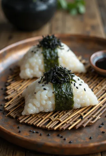 Kombu seaweed stuffed onigiri, garnished with black sesame seeds
