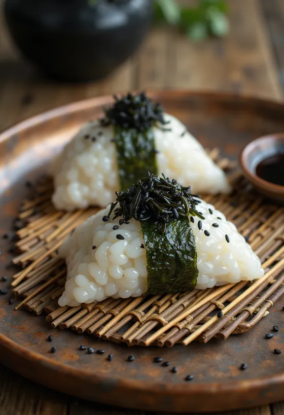 Kombu seaweed stuffed onigiri, garnished with black sesame seeds