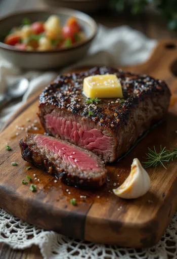 Pan-seared kudu steaks served with lemon wedges and vegetables.