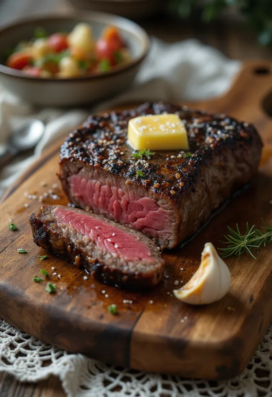 Pan-seared kudu steaks served with lemon wedges and vegetables.