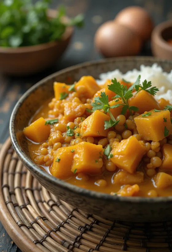 Lentil curry with sweet potato served