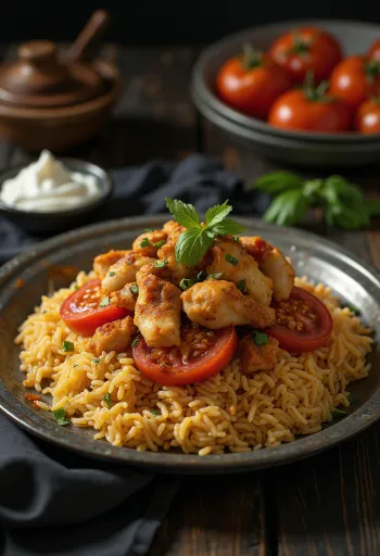 Upside-down Maqluba rice cake with chicken and tomatoes