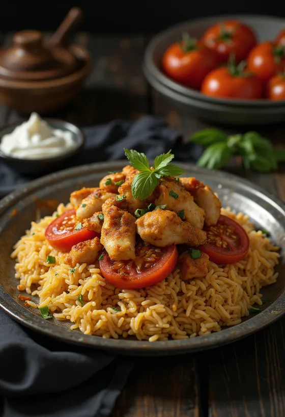 Upside-down Maqluba rice cake with chicken and tomatoes