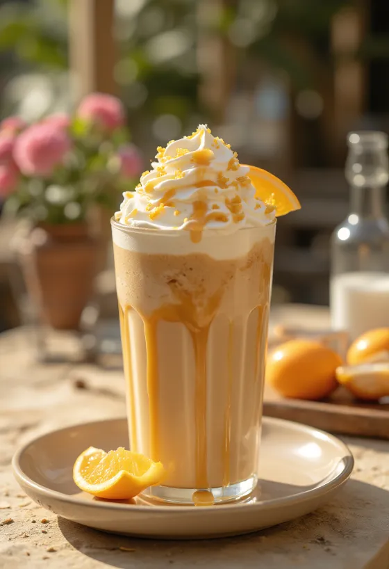 Orange caramel frappé with whipped cream