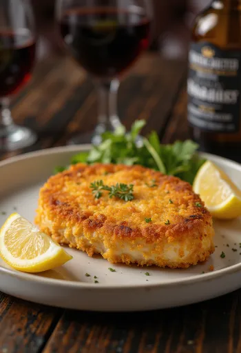 Golden brown pork schnitzel served on a plate