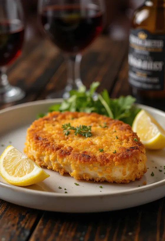 Golden brown pork schnitzel served on a plate
