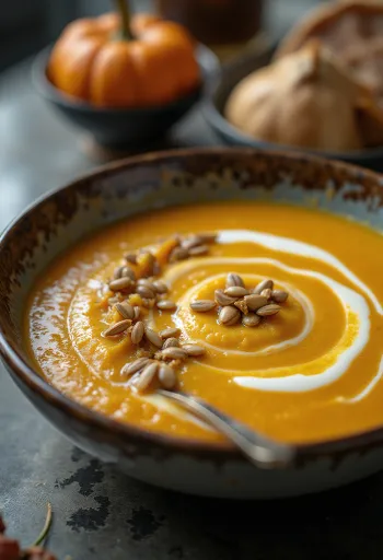 Butternut squash soup with smooth silky texture, garnished with roasted pumpkin seeds