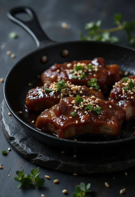 Saucy Galbi served with sesame seeds and cilantro