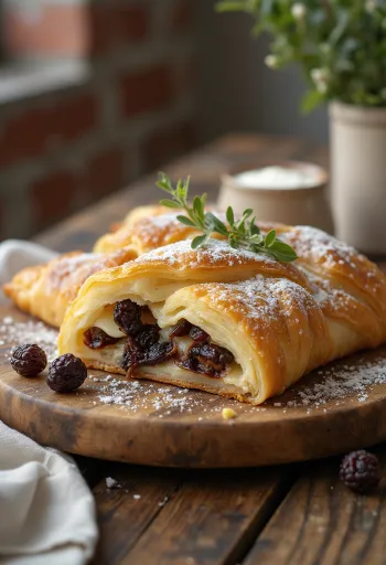 Sweet cheese strudel sliced and dusted with sugar