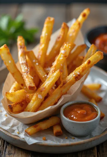 Roasted celeriac fries baked golden brown, sprinkled with fresh parsley.