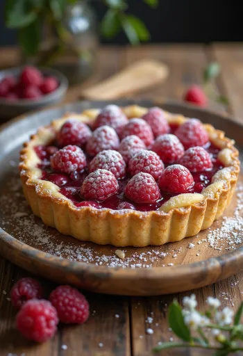 Vegan Bakewell tart with almond filling and raspberry jam