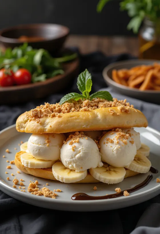 Bánh Mì Kẹp Kem ice cream sandwich served with fresh fruit and chocolate sauce.