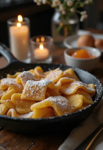 Classic Kaiserschmarrn fried golden brown, sprinkled with powdered sugar and served with jam.