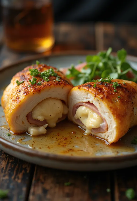 Stuffed chicken breast with melting cheese and basil