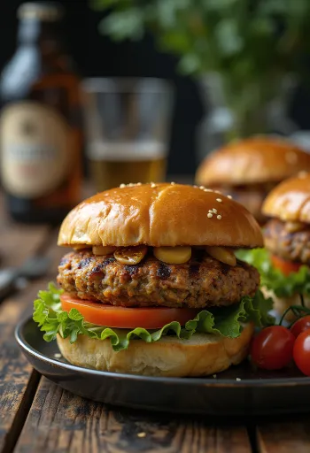 Grilled lentil burgers with ground meat, served with fresh vegetables