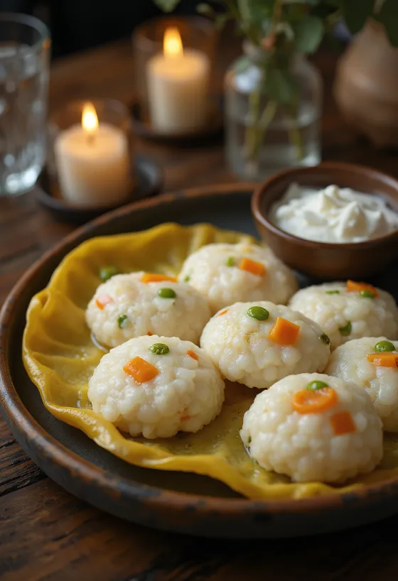 Fresh steamed idli with vegetables, served with cilantro
