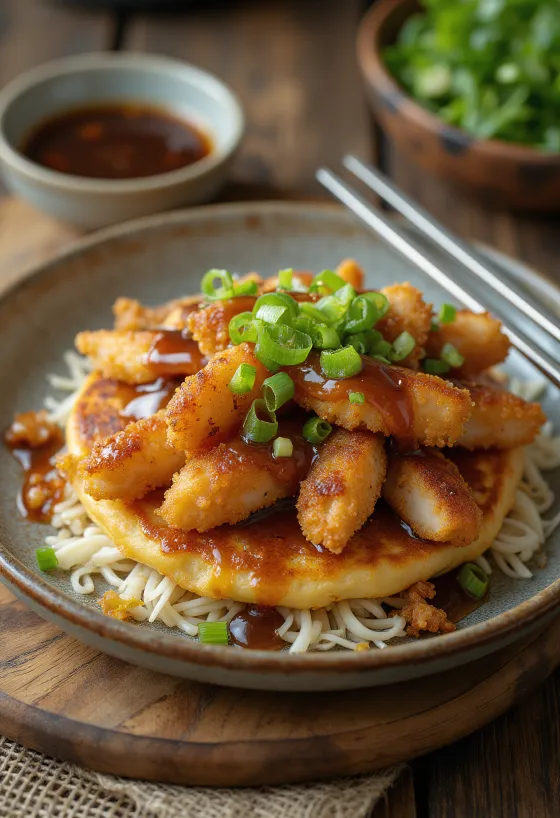 Katsu pancake with crispy breaded meat and sauce