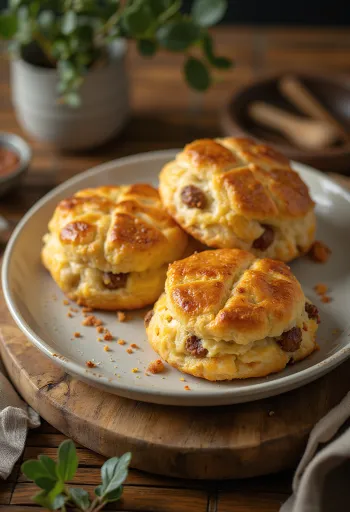 Sausage-stuffed flaky biscuits on a plate