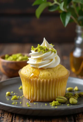Honey Pistachio Cupcakes served