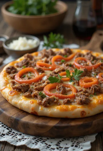 Kazakh style pizza with beef or horse meat