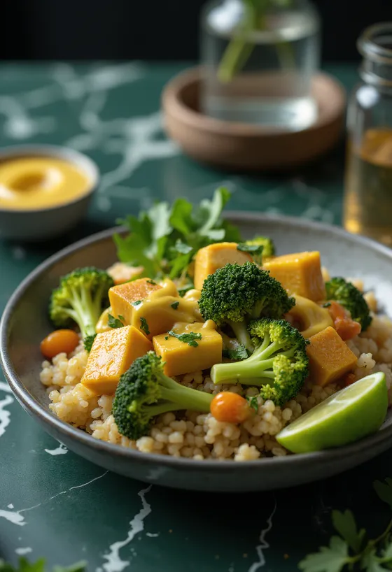 Broccoli quinoa Buddha bowl with curry tahini tofu