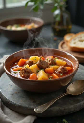 Traditional beef goulash soup with tender meat and vegetables, seasoned with paprika.