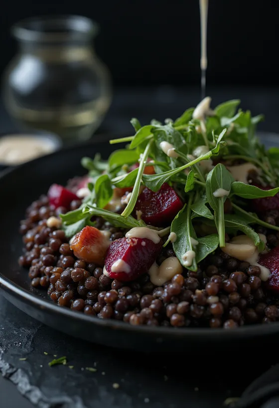 Lentil salad with roasted beets served