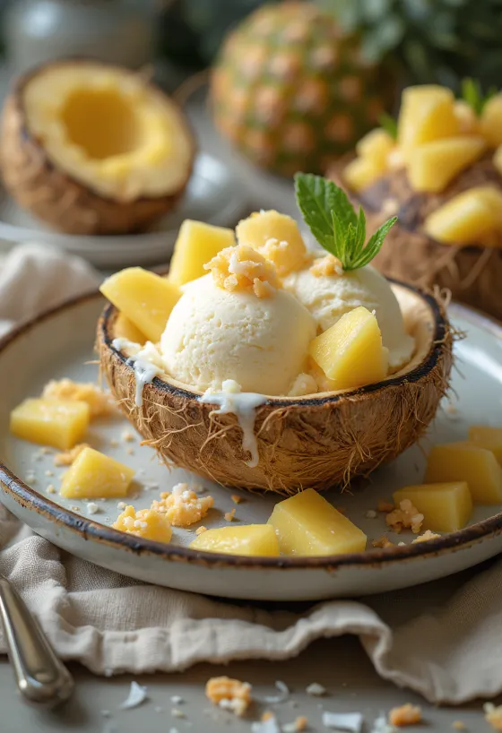 Pina Colada ice cream served with coconut chunks and pineapple