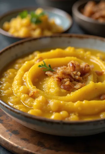 Yellow split pea stew with fresh parsley and crispy topping