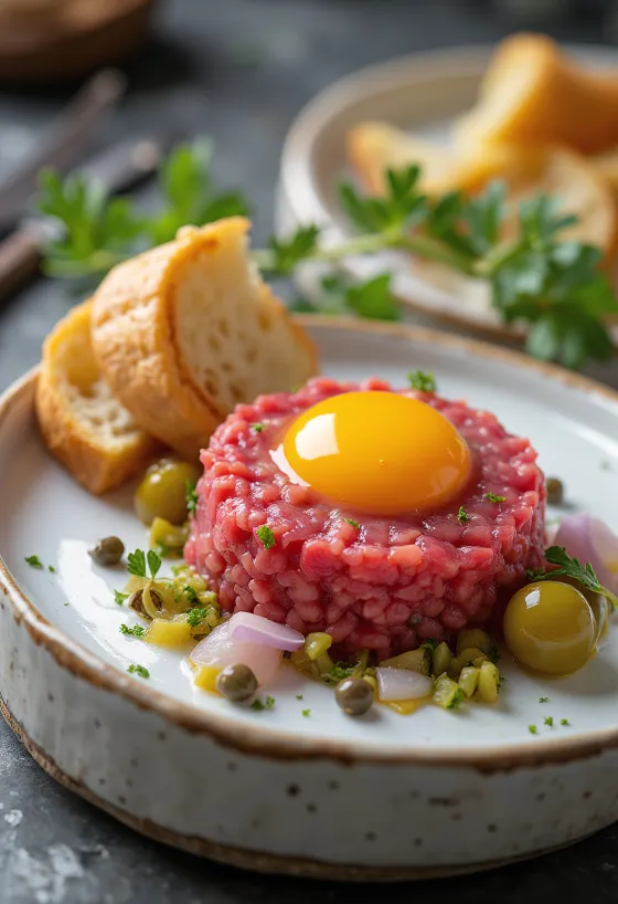 Steak Tartare with egg yolk and toast points