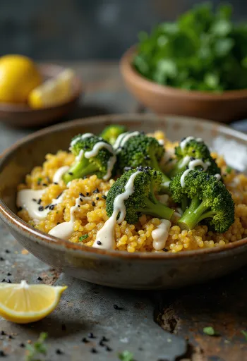 Coconut curry quinoa bowl with broccoli and lime tahini