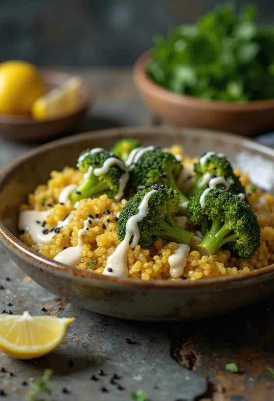 Coconut curry quinoa bowl with broccoli and lime tahini