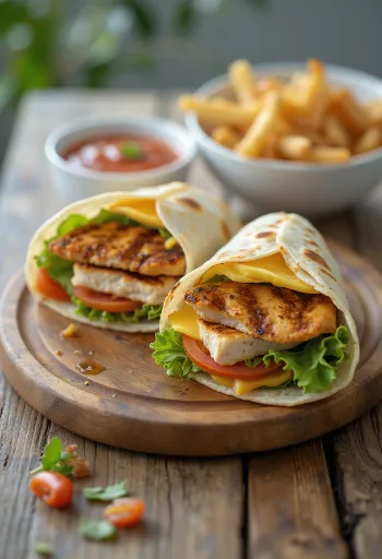 Chicken wrap with fresh vegetables, grilled chicken breast, and yogurt dressing