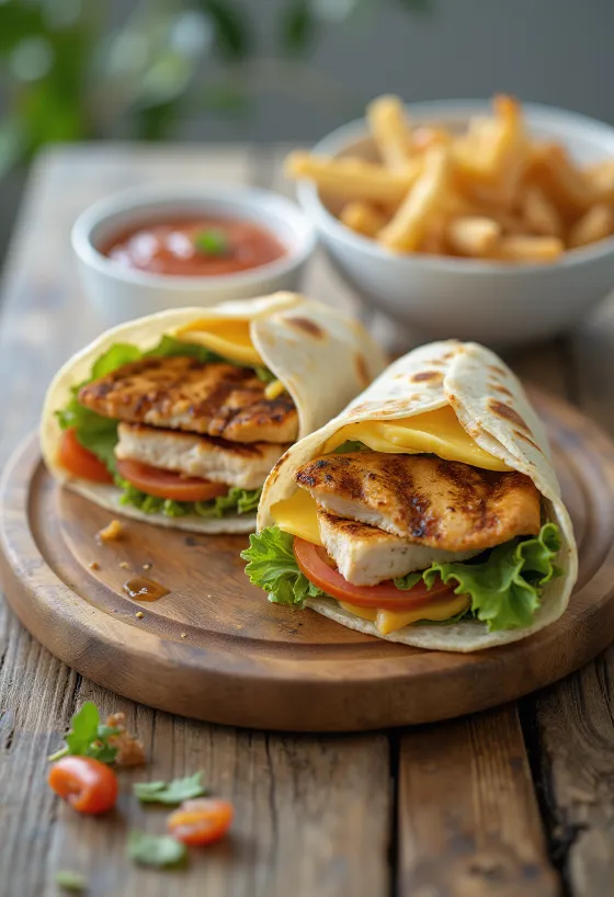 Chicken wrap with fresh vegetables, grilled chicken breast, and yogurt dressing