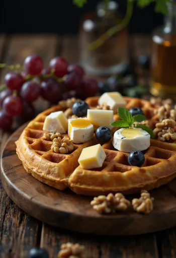 French cheese board waffles with camembert, brie, blue cheese, walnuts and honey